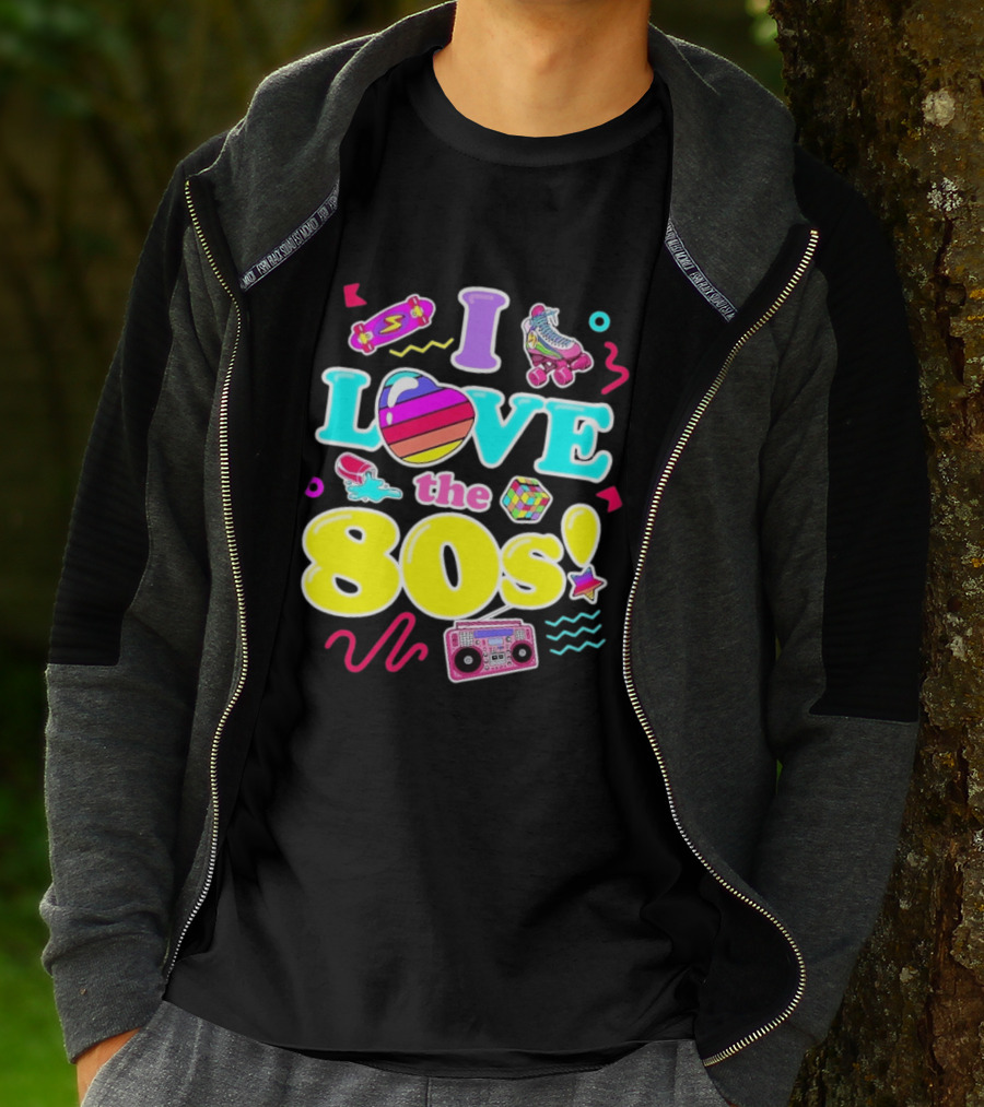 I Love The 80s Nostalgia Roller Skates Boombox Rubik's Cube Retro Fun T-Shirt