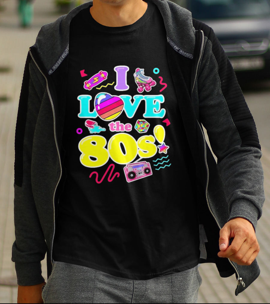 I Love The 80s Nostalgia Roller Skates Boombox Rubik's Cube Retro Fun T-Shirt