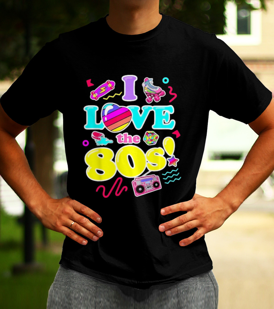 I Love The 80s Nostalgia Roller Skates Boombox Rubik's Cube Retro Fun T-Shirt