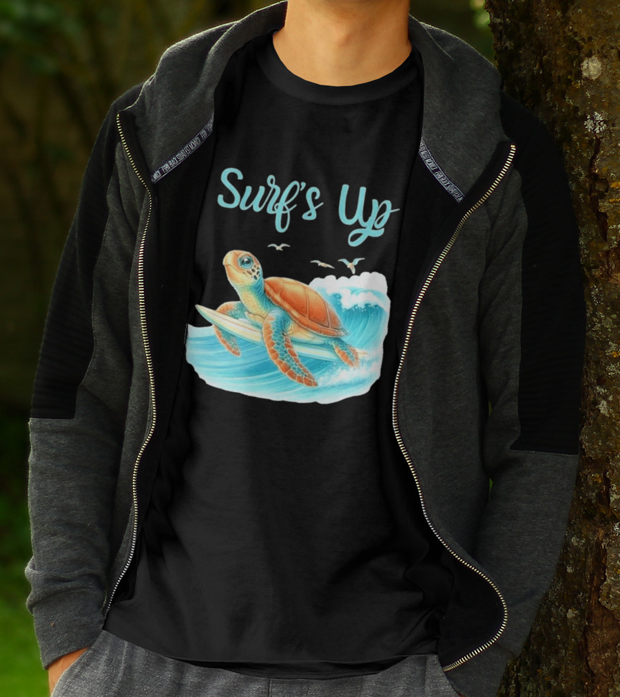 Surf's Up Turtle Riding Surfboard On Big Wave T-Shirt