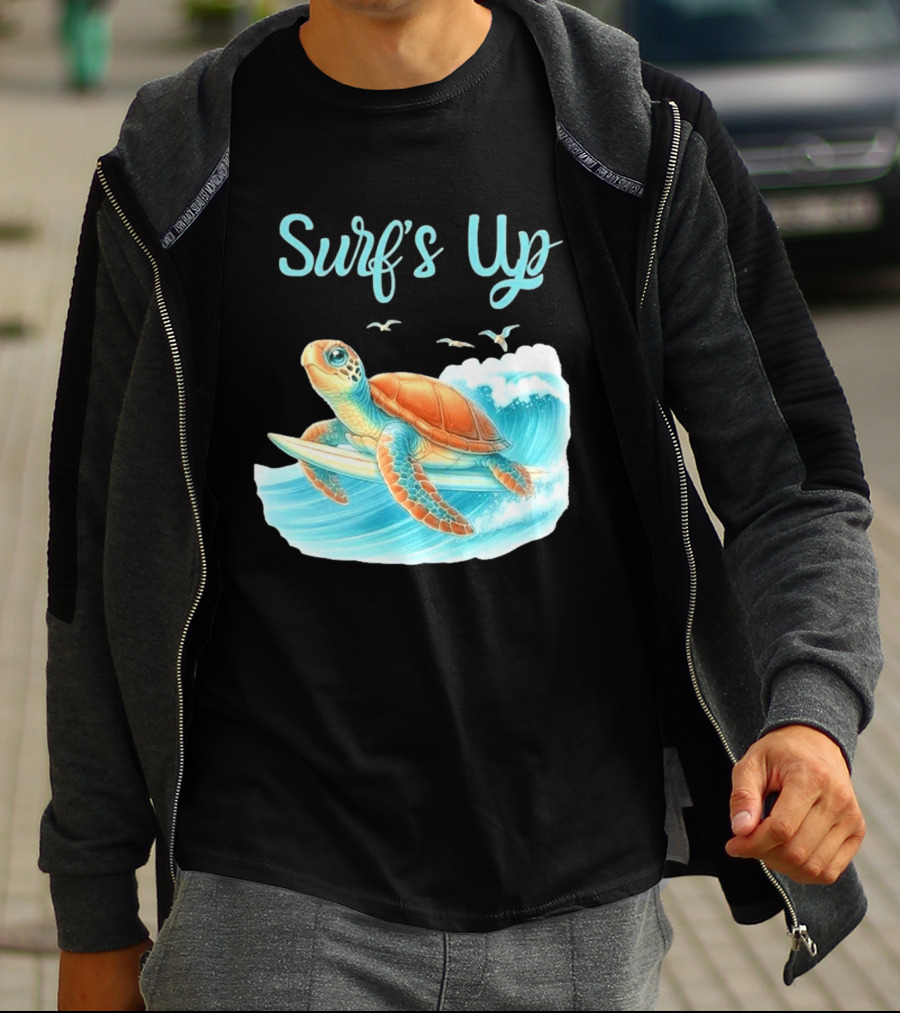 Surf's Up Turtle Riding Surfboard On Big Wave T-Shirt