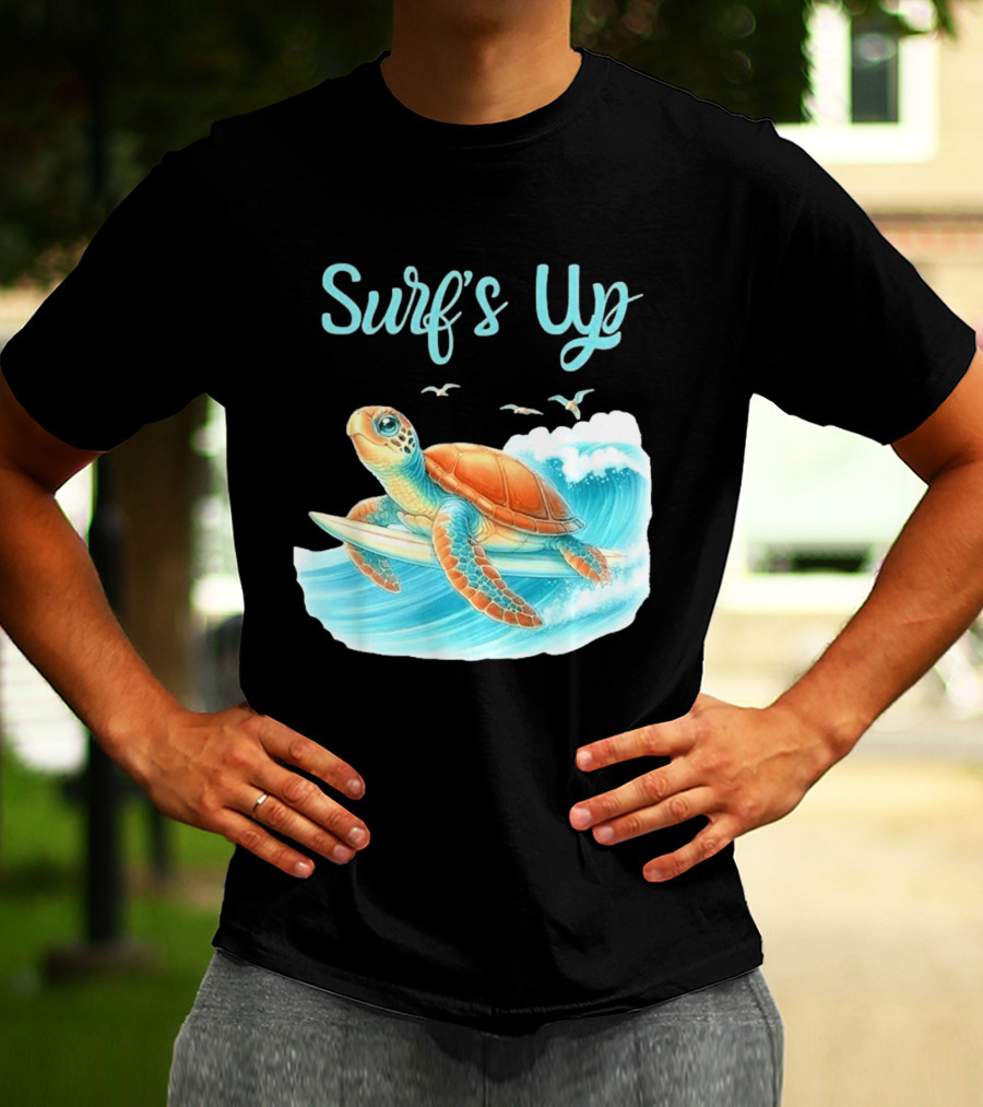 Surf's Up Turtle Riding Surfboard On Big Wave T-Shirt