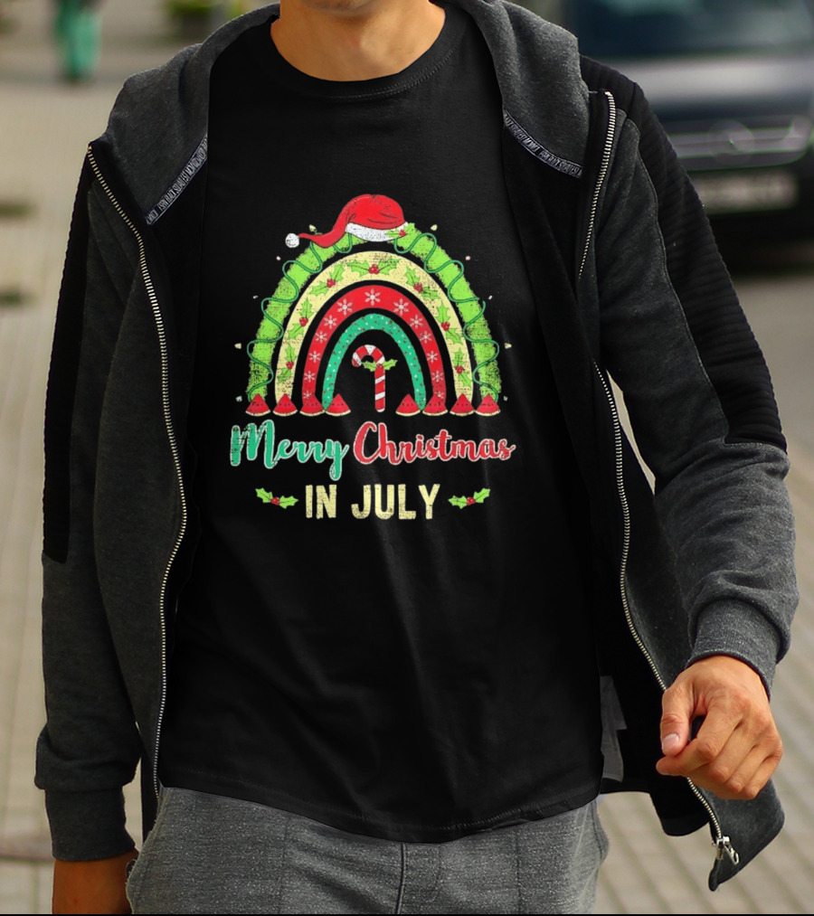 Merry Christmas In July Distressed Rainbow With Santa Hat And Candy Cane T-Shirt