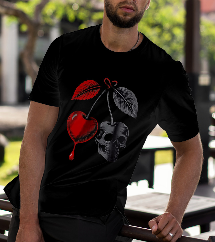Bleeding Cherry Skull Memento Mori Gothic Macabre Dark Fruit T-Shirt