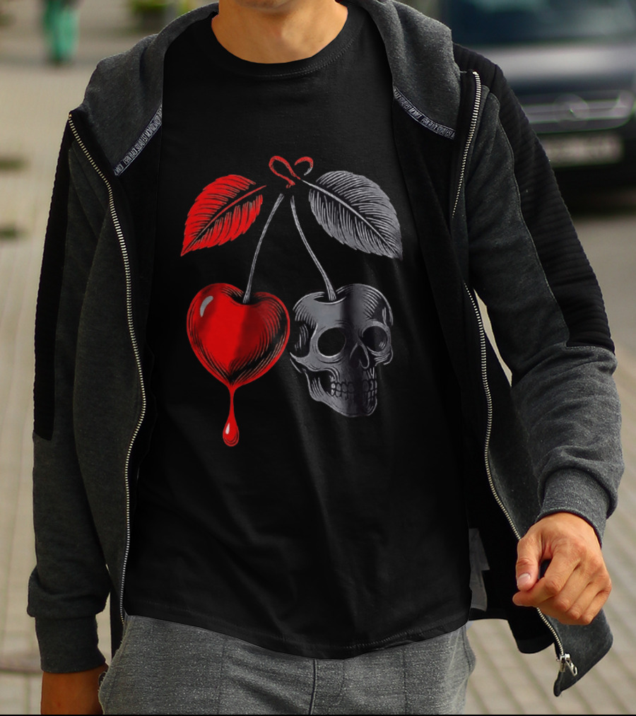Bleeding Cherry Skull Memento Mori Gothic Macabre Dark Fruit T-Shirt