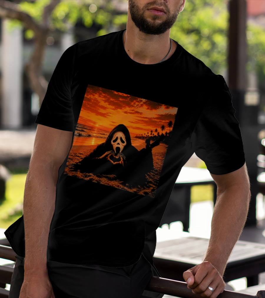 Ghostface Heart Hands Beach Sunset Halloween 2026 T-Shirt