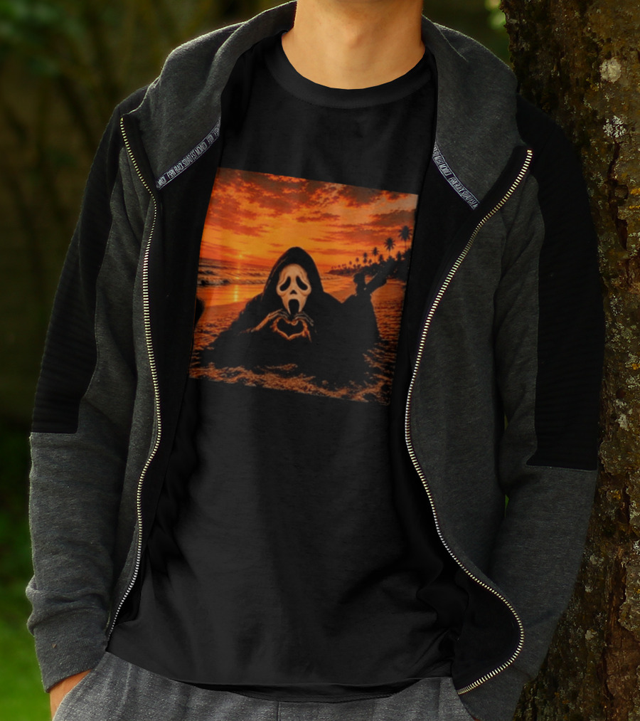 Ghostface Heart Hands Beach Sunset Halloween 2026 T-Shirt