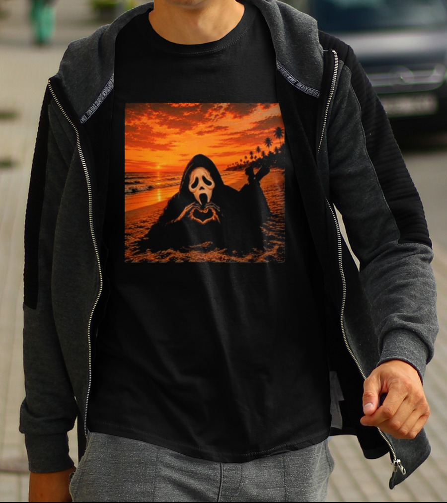 Ghostface Heart Hands Beach Sunset Halloween 2026 T-Shirt