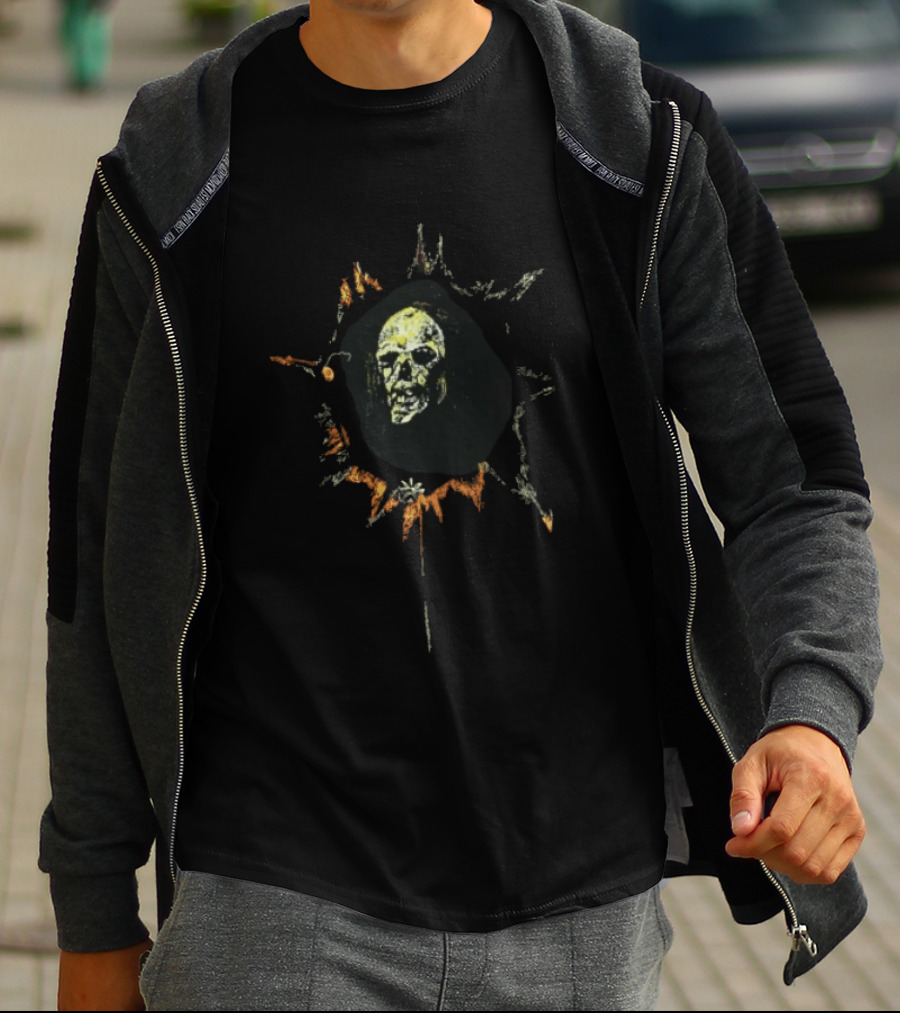 Yellow Spiky Sunburst Frame Hooded Skull Face Distressed Sketch T-Shirt