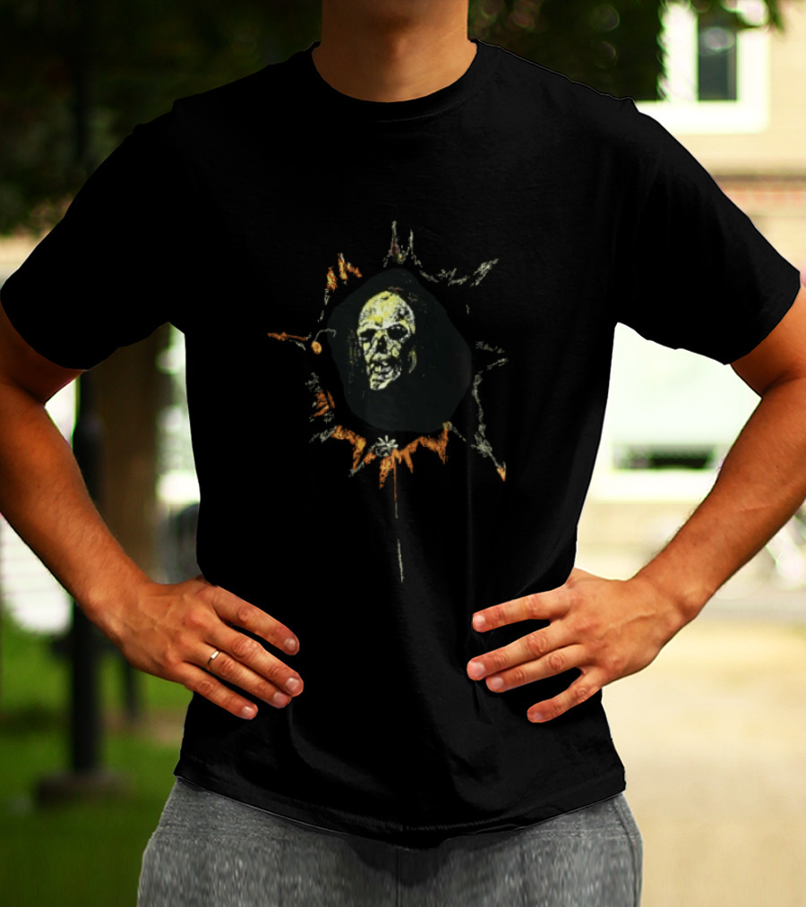 Yellow Spiky Sunburst Frame Hooded Skull Face Distressed Sketch T-Shirt