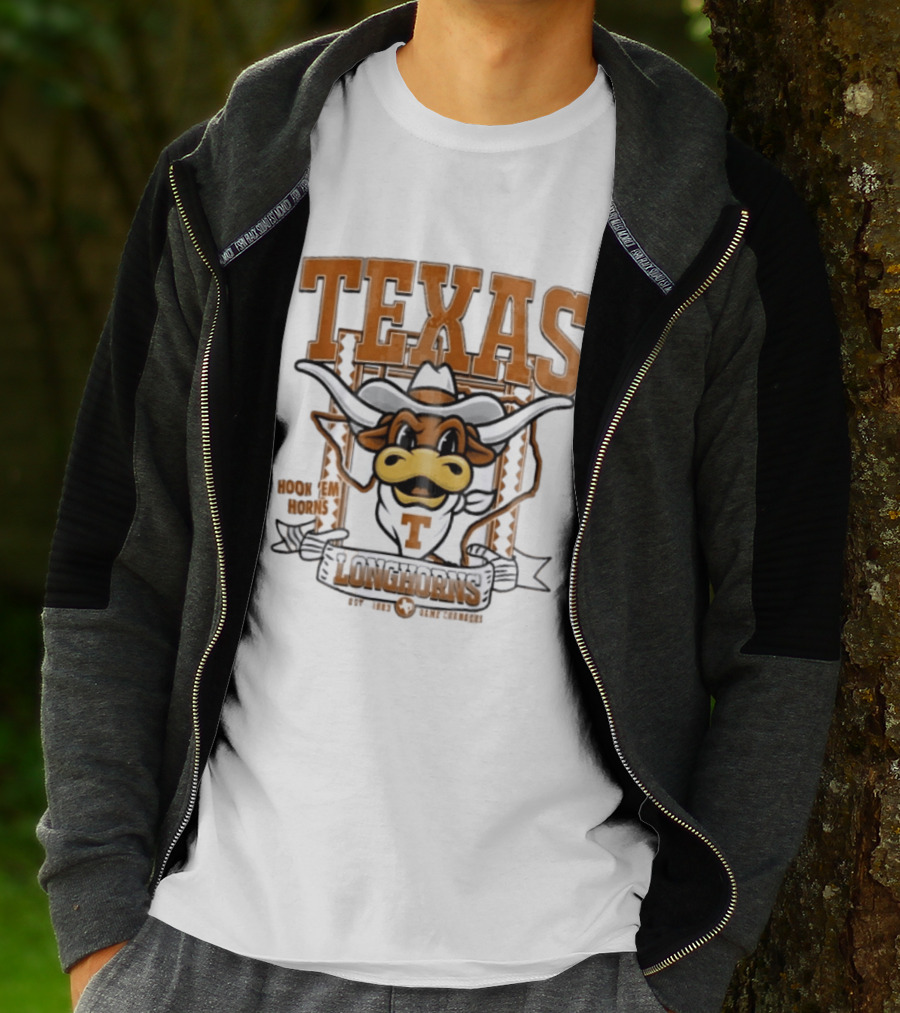 Texas Longhorns Hook Em Horns Game Changers Est 1883 State Map Cartoon T-Shirt