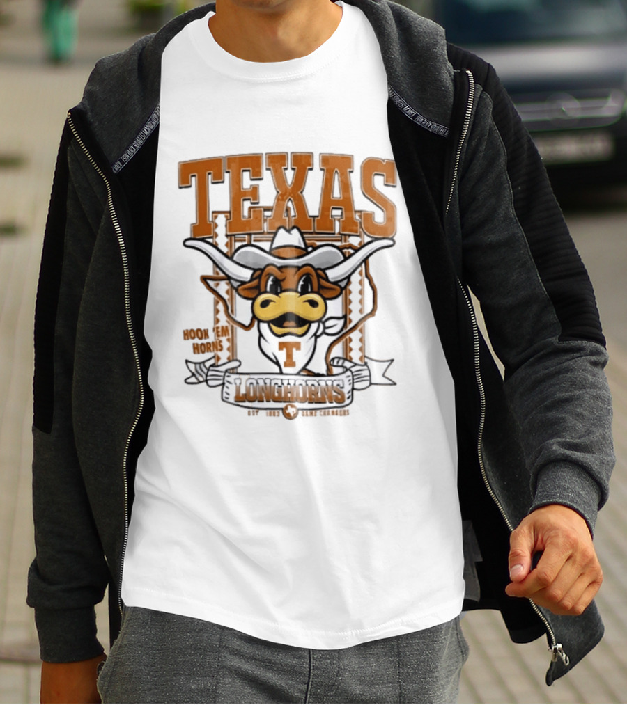 Texas Longhorns Hook Em Horns Game Changers Est 1883 State Map Cartoon T-Shirt