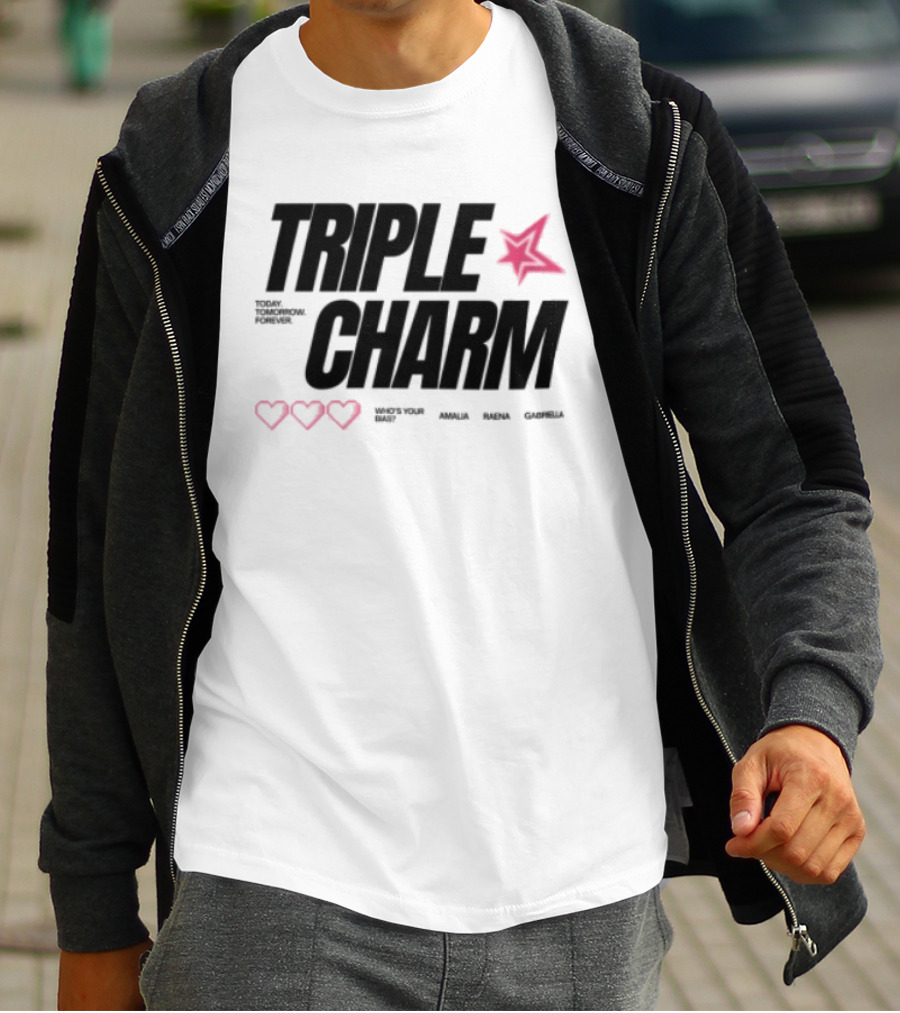 Triple Charm White Hearts Pink Star T-Shirt