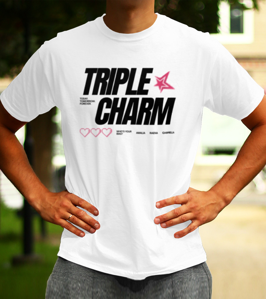 Triple Charm White Hearts Pink Star T-Shirt