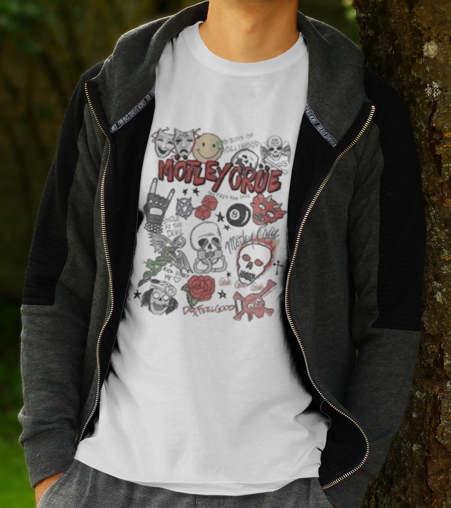 Motley Crue Album Doodle Collage Smiley Skull Roses Punk Rock T-Shirt