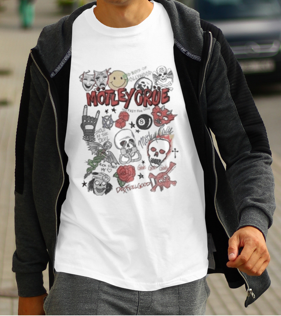 Motley Crue Album Doodle Collage Smiley Skull Roses Punk Rock T-Shirt