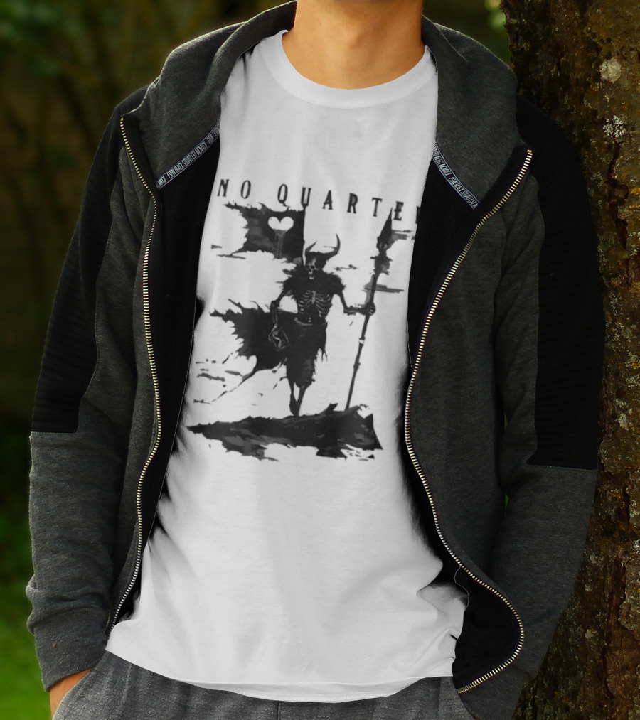No Quarter Distressed Skeleton Warrior Dark Fantasy T-Shirt