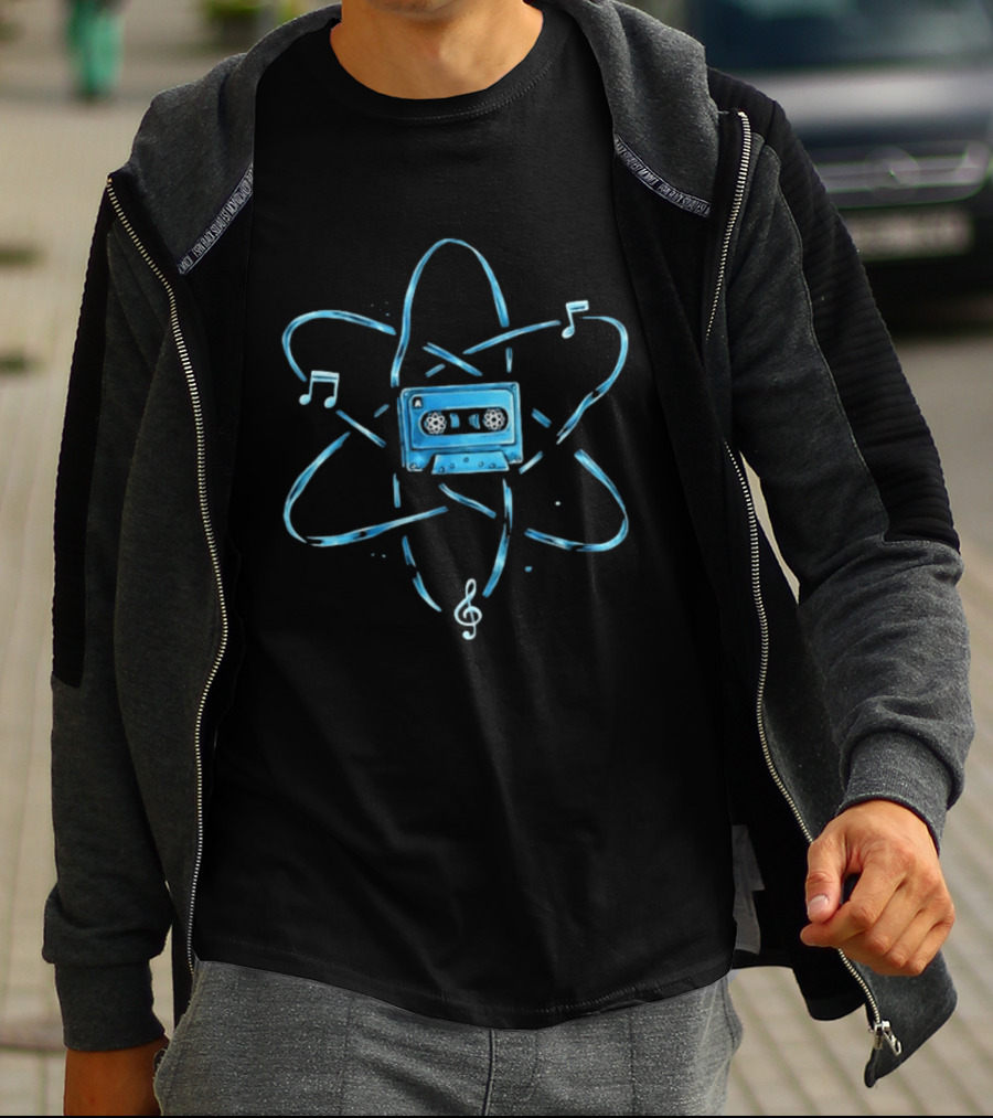 Atomic Cassette Tape Surrounded By Musical Notes And Atomic T-Shirt