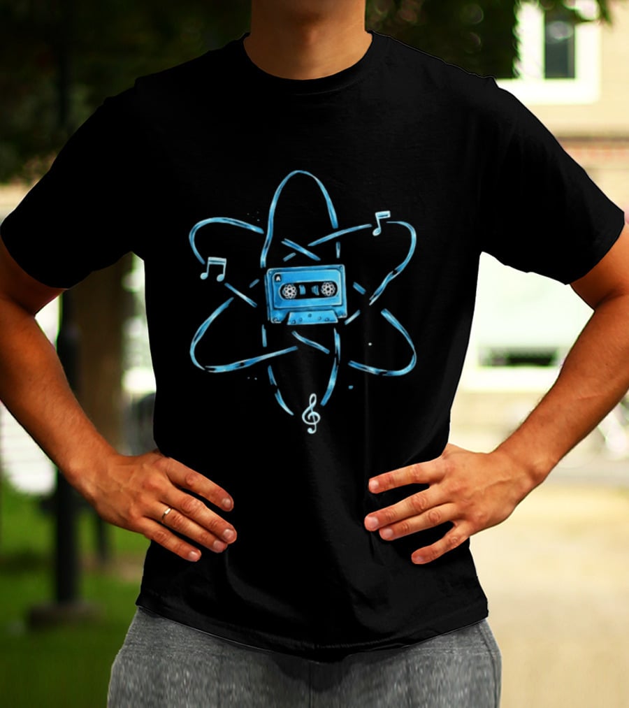 Atomic Cassette Tape Surrounded By Musical Notes And Atomic T-Shirt