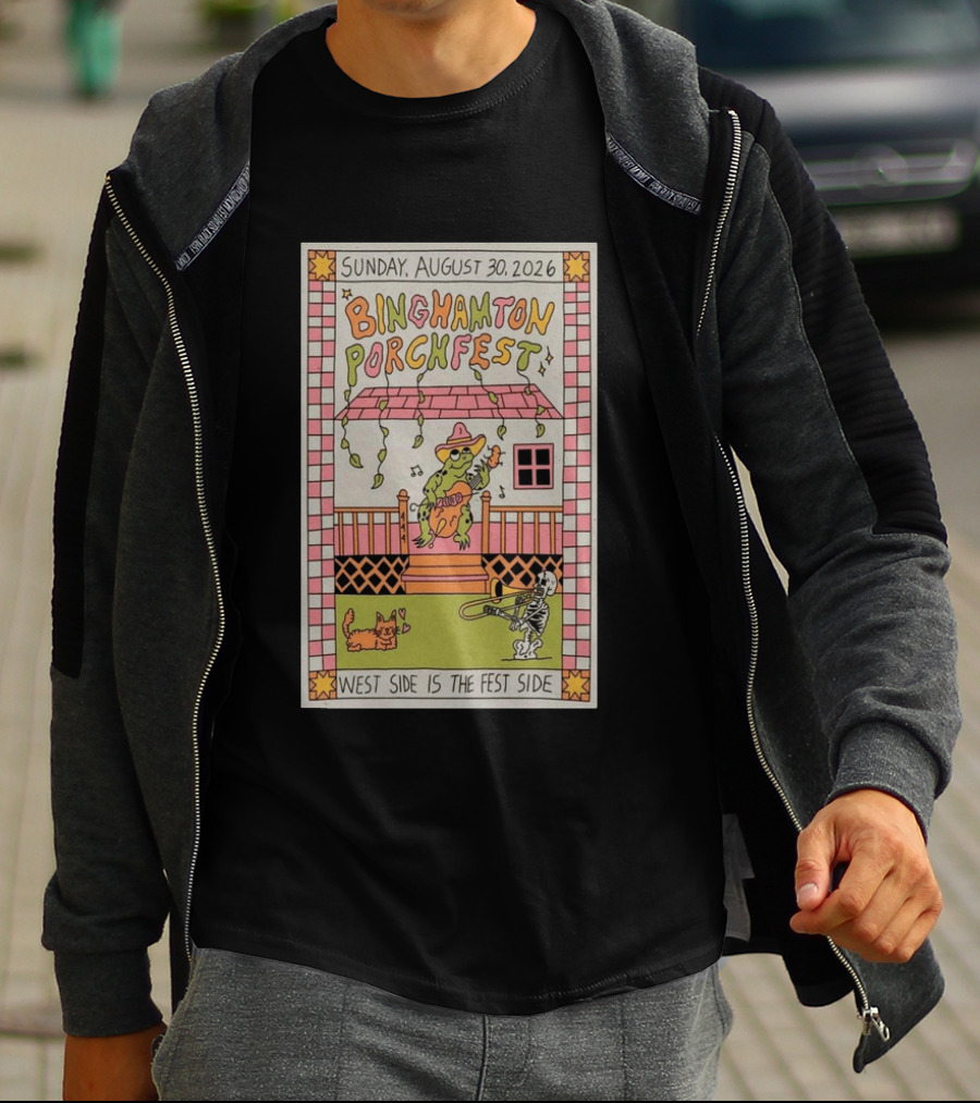 Binghamton Porchfest August 30 2026 West Side Is The Fest Side Sunday Concert Frog And Skeleton Player T-Shirt