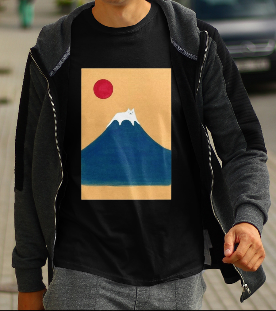 Meow Fuji Cat With Red Sun Illustration Japan T-Shirt