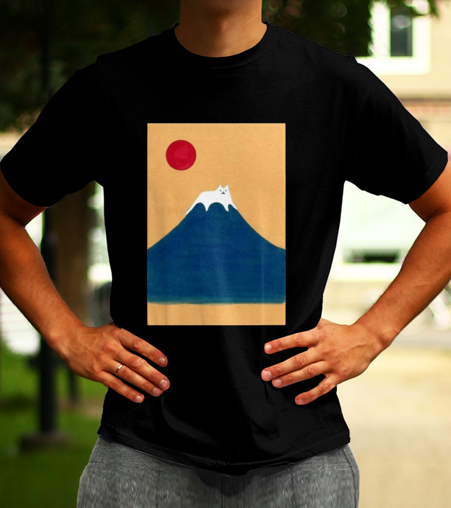 Meow Fuji Cat With Red Sun Illustration Japan T-Shirt
