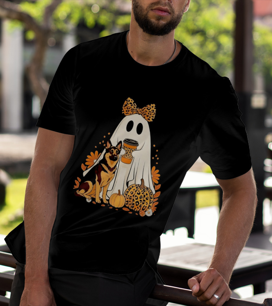 German Shepherd Ghost Leopard Pumpkin Coffee Halloween Bow T-Shirt