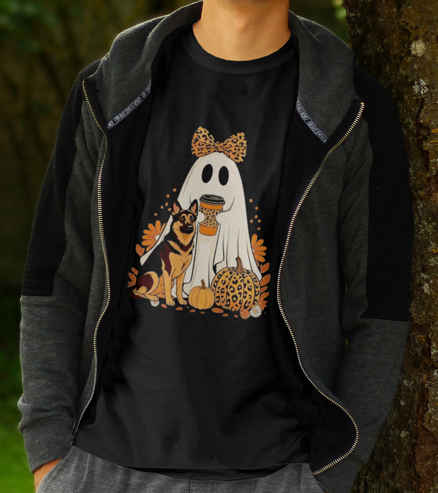 German Shepherd Ghost Leopard Pumpkin Coffee Halloween Bow T-Shirt