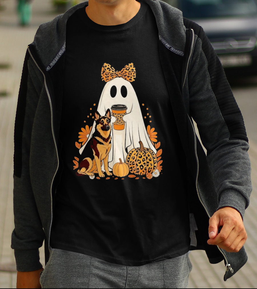 German Shepherd Ghost Leopard Pumpkin Coffee Halloween Bow T-Shirt