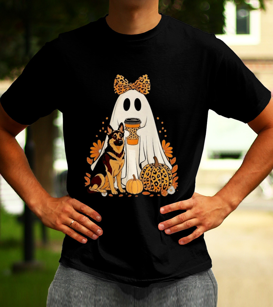 German Shepherd Ghost Leopard Pumpkin Coffee Halloween Bow T-Shirt