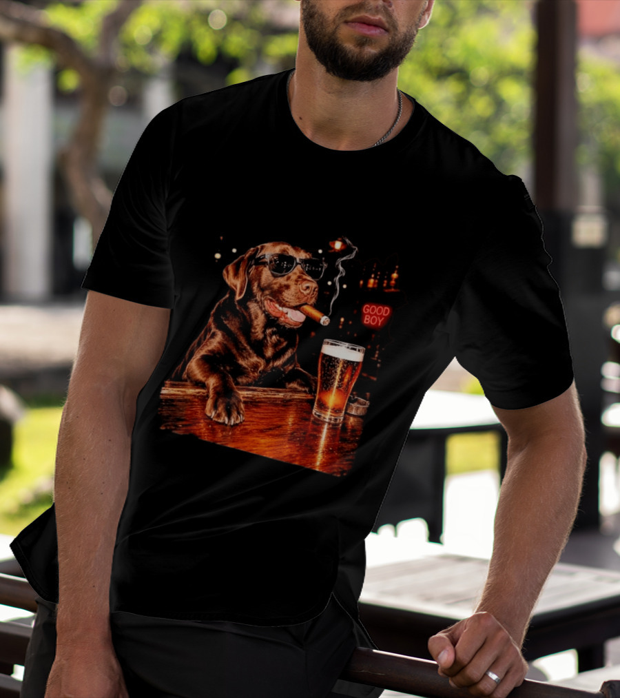 Silly Chocolate Labrador Retriever Drinking Beer Cigar Dog Good Boy Bar Night T-Shirt