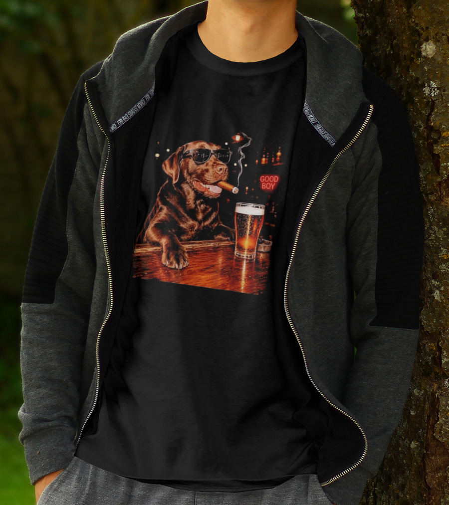 Silly Chocolate Labrador Retriever Drinking Beer Cigar Dog Good Boy Bar Night T-Shirt