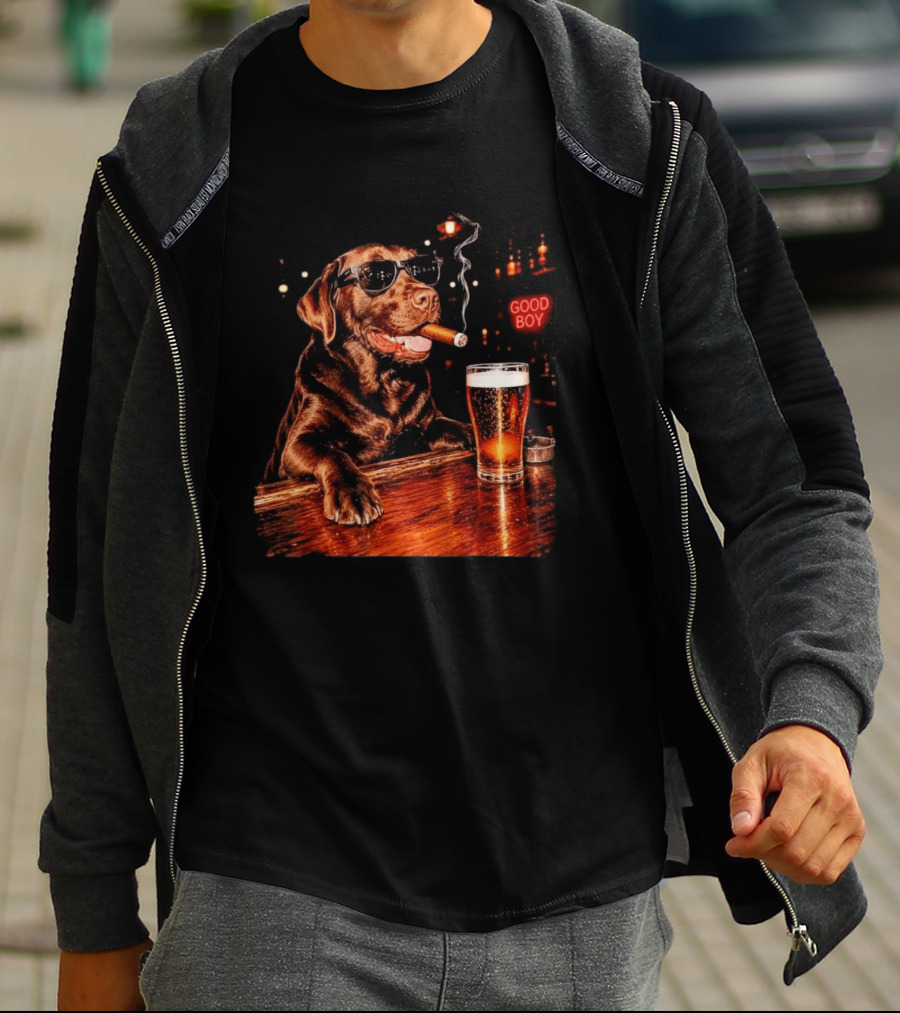Silly Chocolate Labrador Retriever Drinking Beer Cigar Dog Good Boy Bar Night T-Shirt