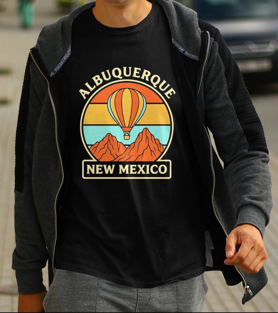 Albuquerque New Mexico Hot Air Balloon Over Mountains T-Shirt