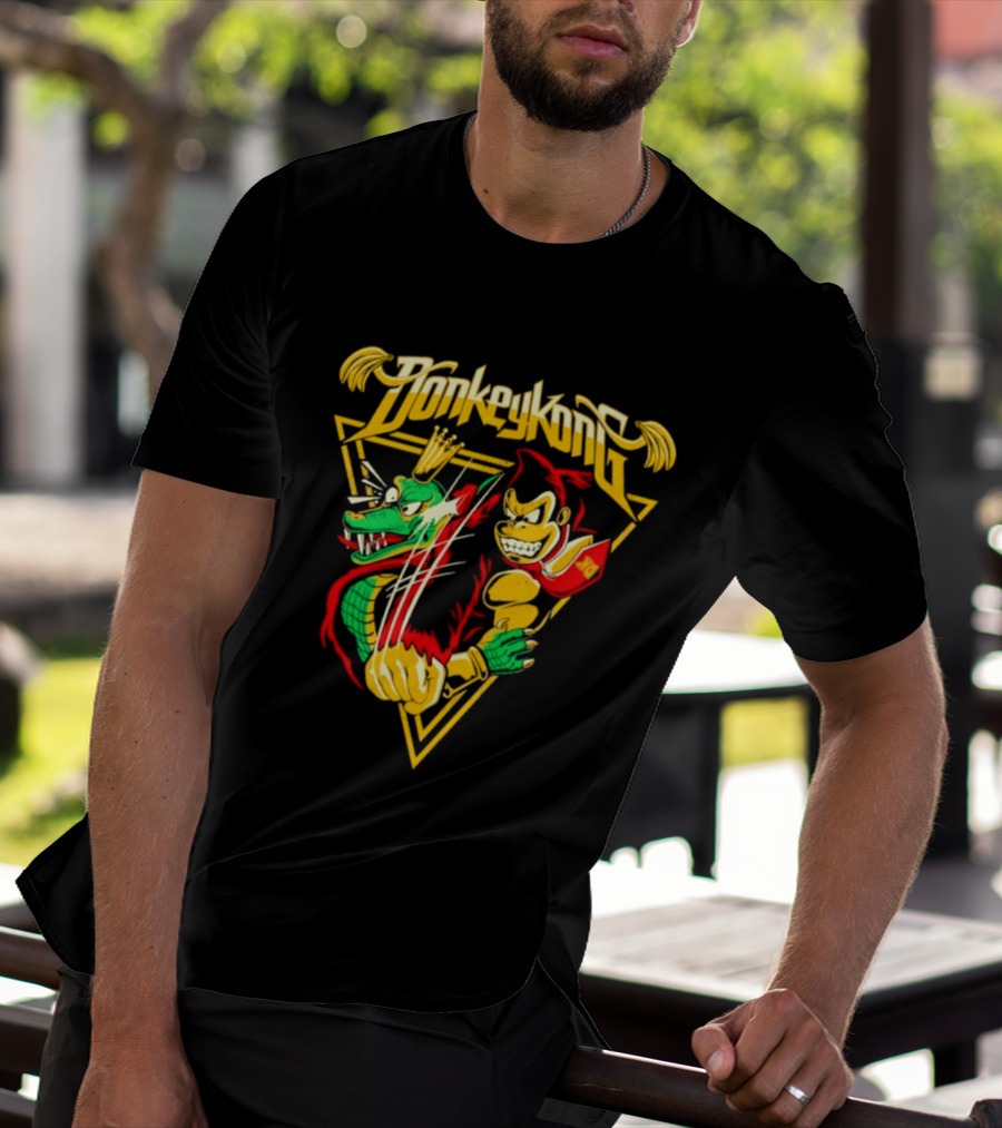 Donkey Kong Cartoon Retro Style Triangular Battle Scene T-Shirt