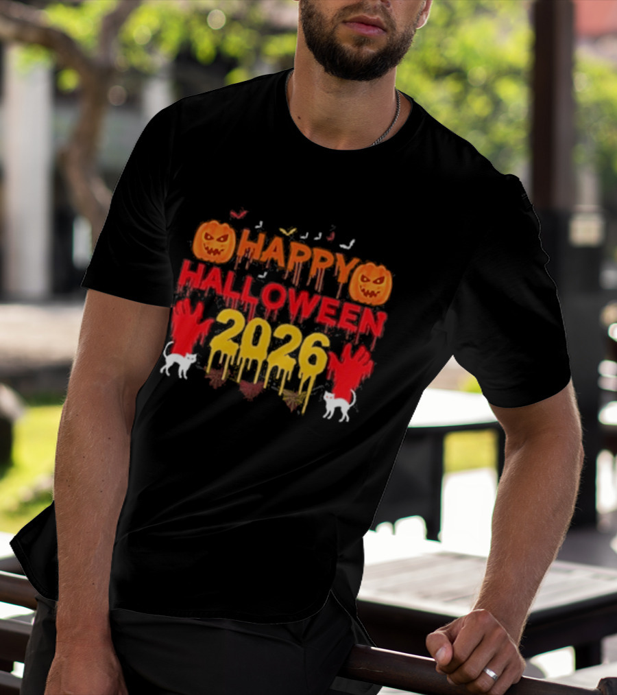 Happy Halloween 2026 Spooky Pumpkin Ghosts And Cats T-Shirt