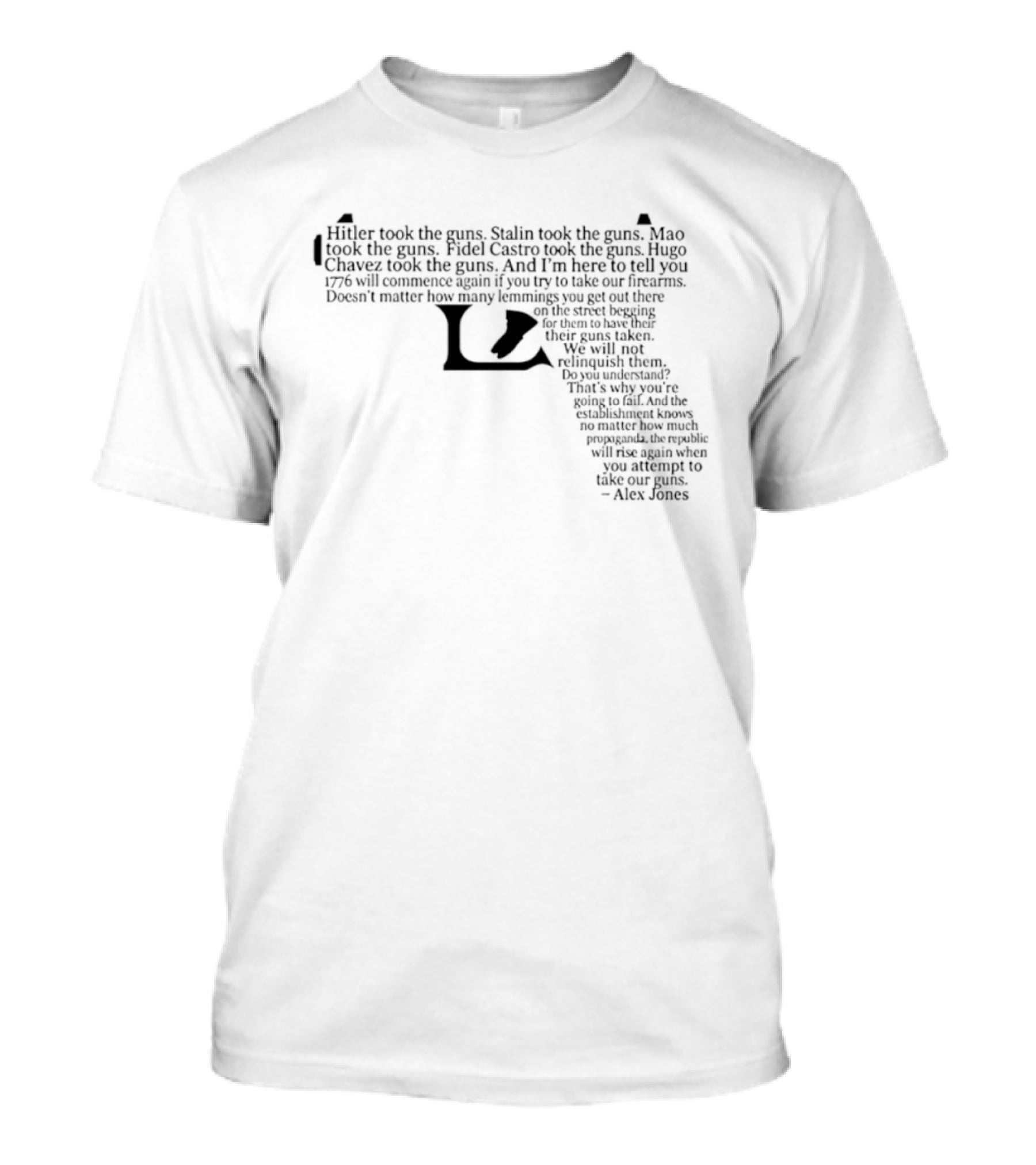 Alex Jones 1776 Will Commence Again Gun Rights Pistol Shaped T-Shirt