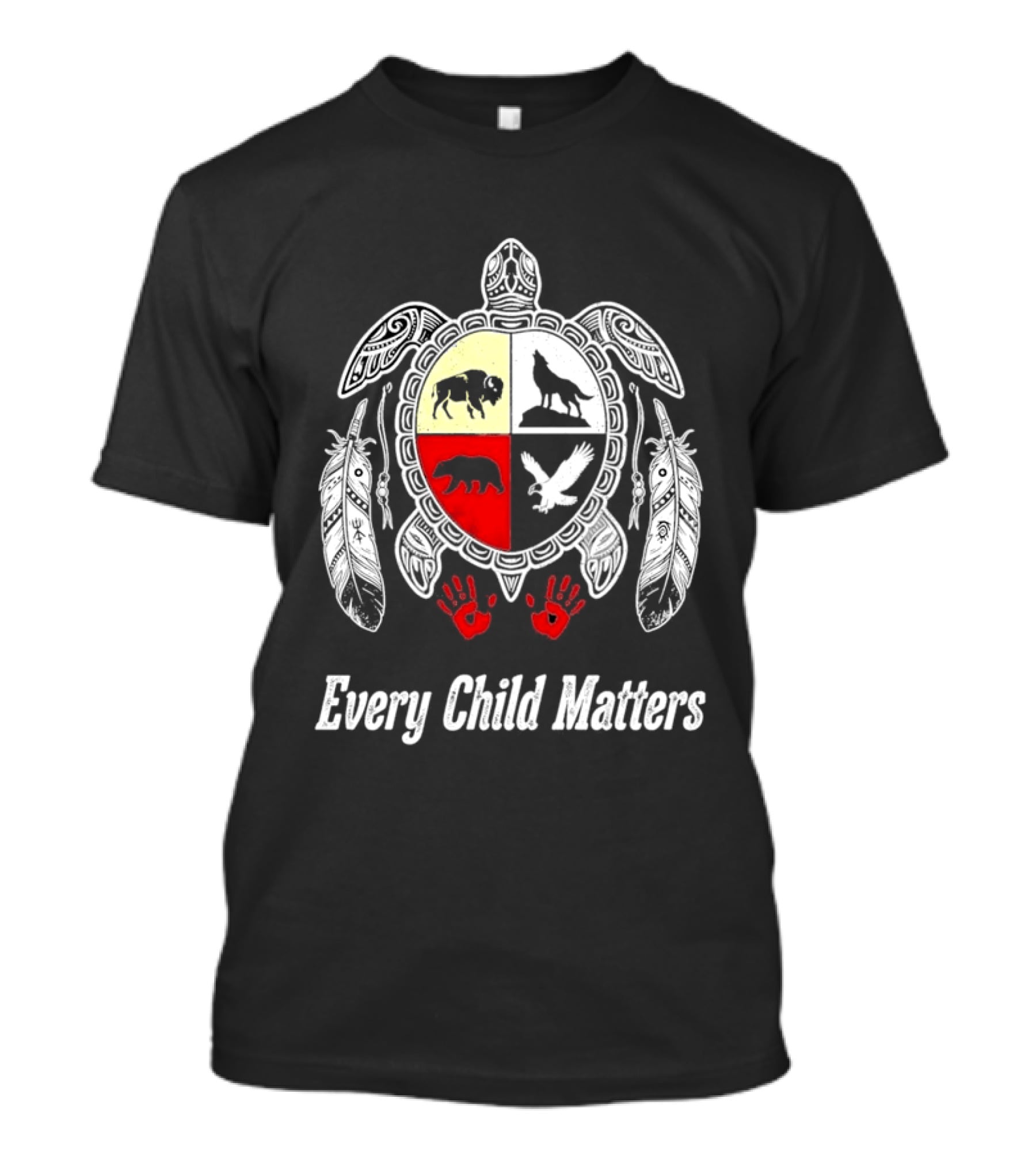 Every Child Matters Native American Turtle Medicine Wheel Feathers And Red Handprints T-Shirt