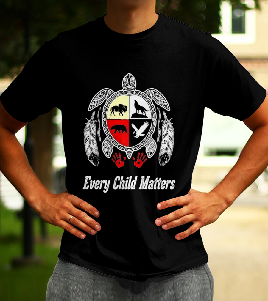 Every Child Matters Native American Turtle Medicine Wheel Feathers And Red Handprints T-Shirt