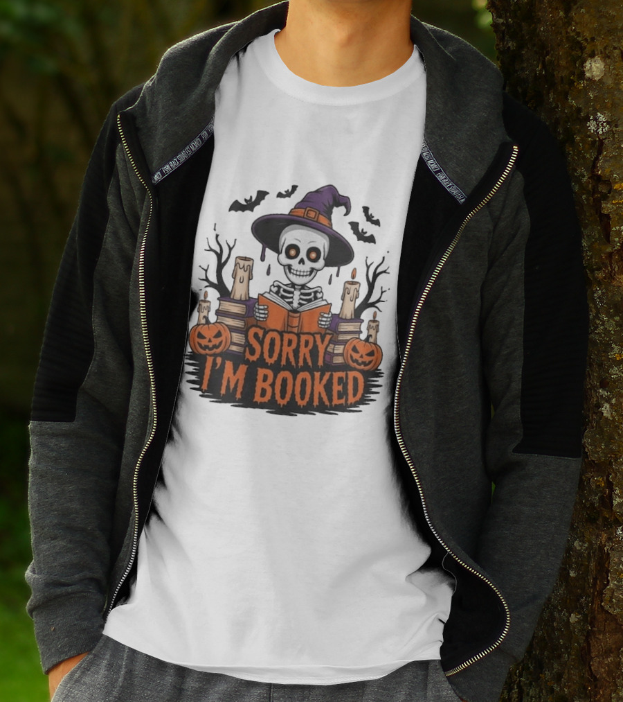 Sorry I'm Booked Skeleton Witch Halloween Reading Pumpkins Spooky Books T-Shirt