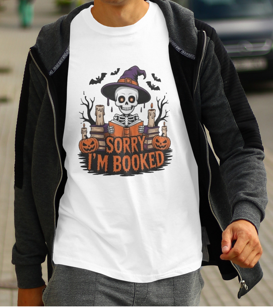 Sorry I'm Booked Skeleton Witch Halloween Reading Pumpkins Spooky Books T-Shirt