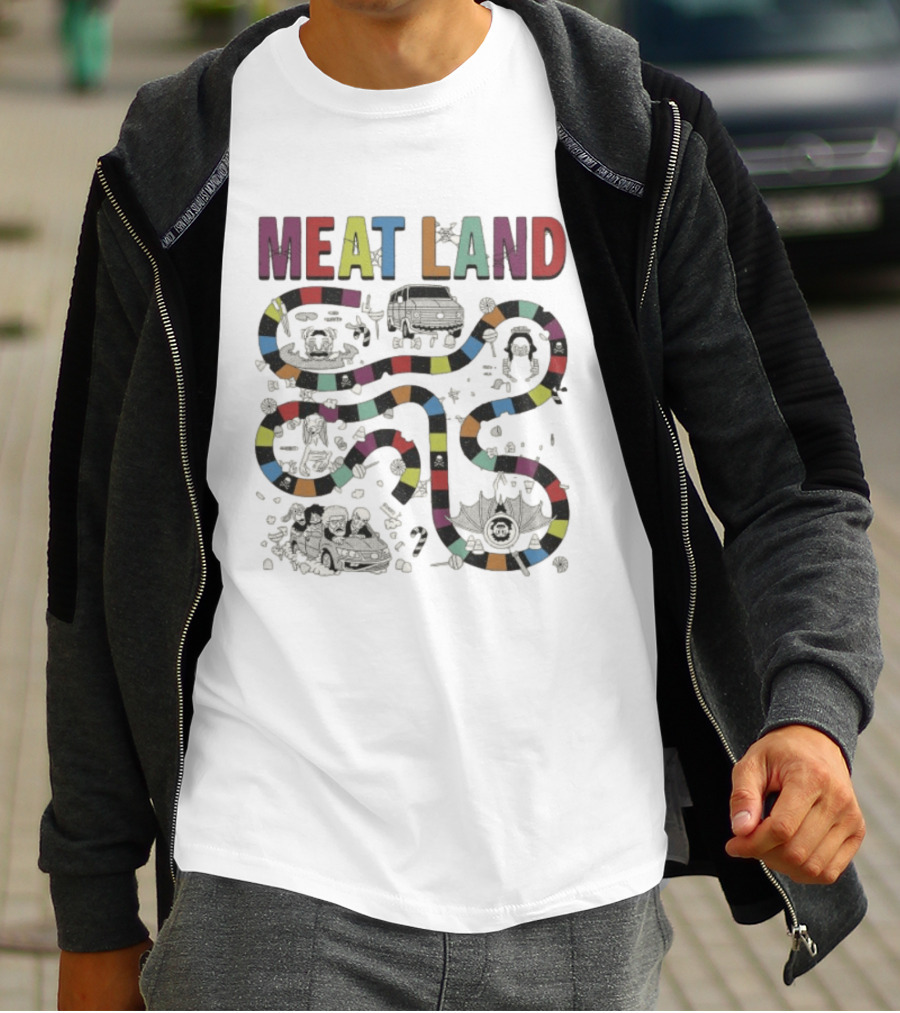 Meatcanyon Store Meat Land Off White Board Game Path Characters T-Shirt