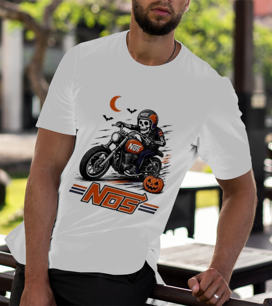 NOS Skeleton Biker Halloween Pumpkin Moon Bats T-Shirt