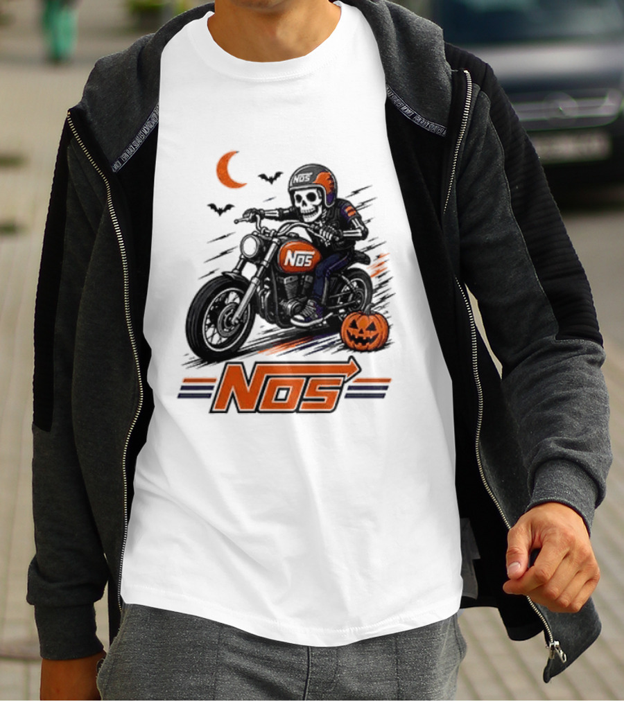 NOS Skeleton Biker Halloween Pumpkin Moon Bats T-Shirt