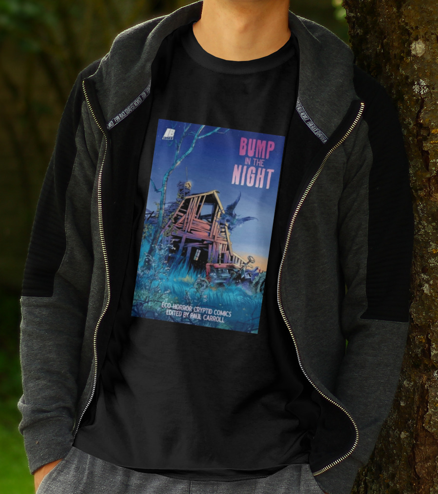 Eco Horror Cryptid Comics Edited By Paul Carroll Bump In The Night JB Comics Abandoned House And Mysterious Creature T-Shirt