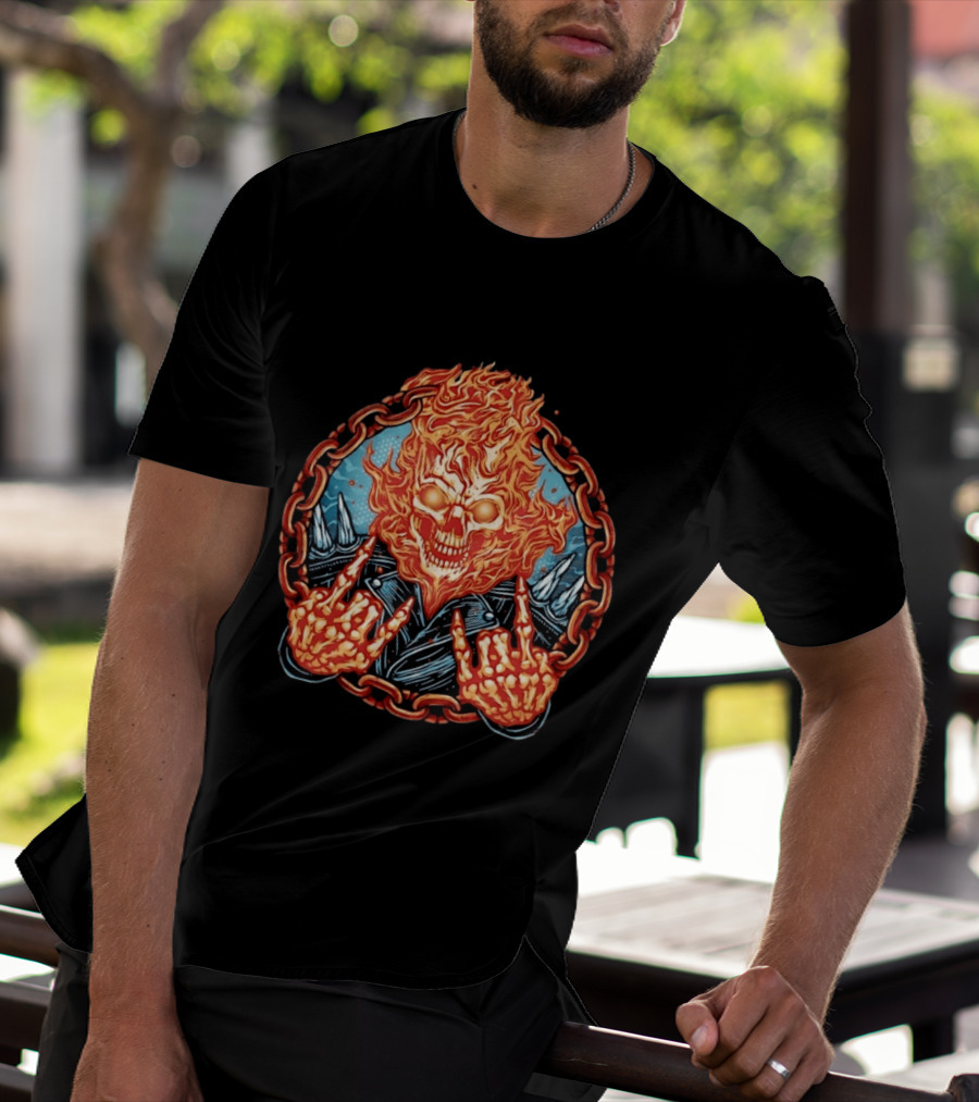 Ghost Rider Flaming Skull Heavy Metal Fiery Chain Rock And Roll T-Shirt