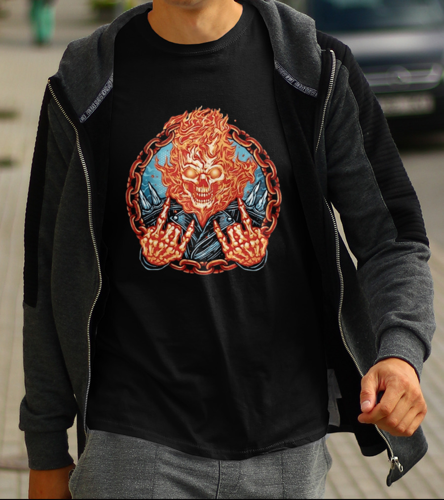 Ghost Rider Flaming Skull Heavy Metal Fiery Chain Rock And Roll T-Shirt