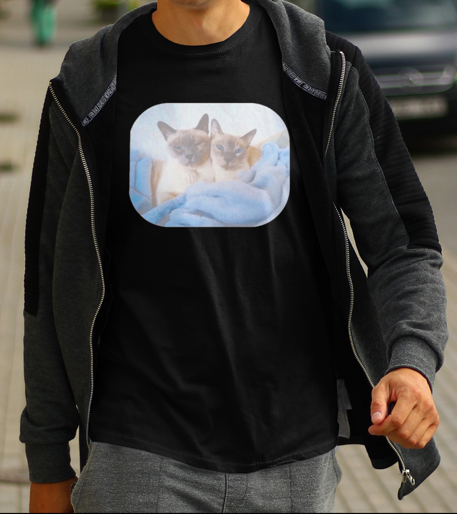 Siamese Cats Snuggling In Blue Blanket T-Shirt