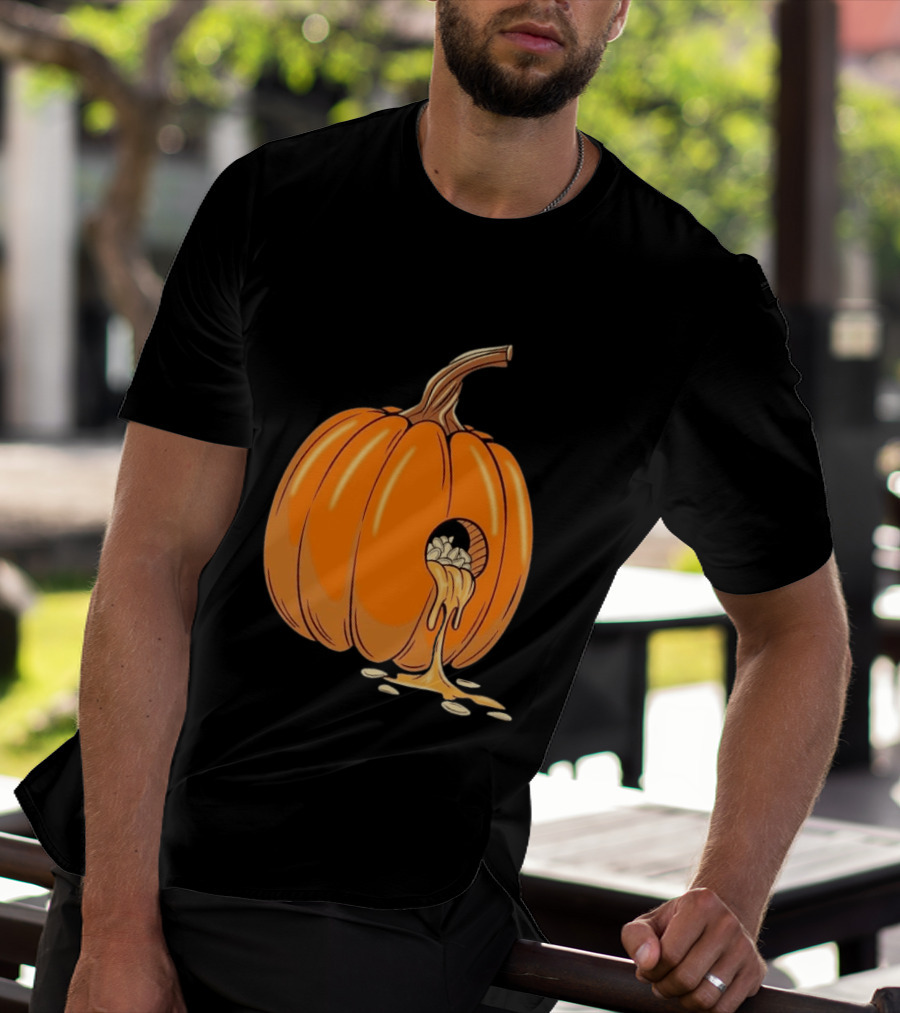 Gourdy Hole Halloween Pumpkin With Seeds Streaming Out T-Shirt