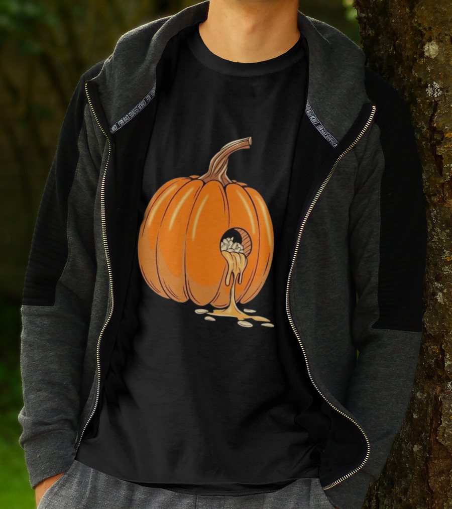 Gourdy Hole Halloween Pumpkin With Seeds Streaming Out T-Shirt